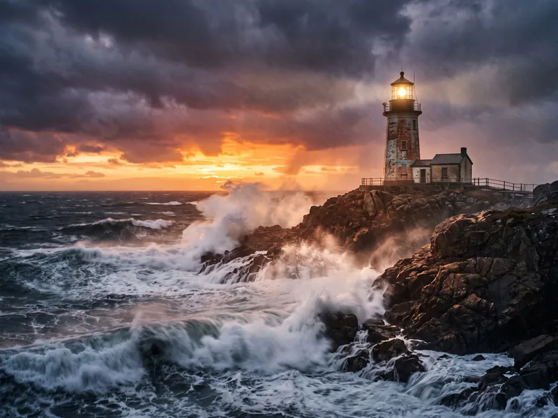 Faro nella tempesta al tramonto, onde enormi che si infrangono sugli scogli, foto