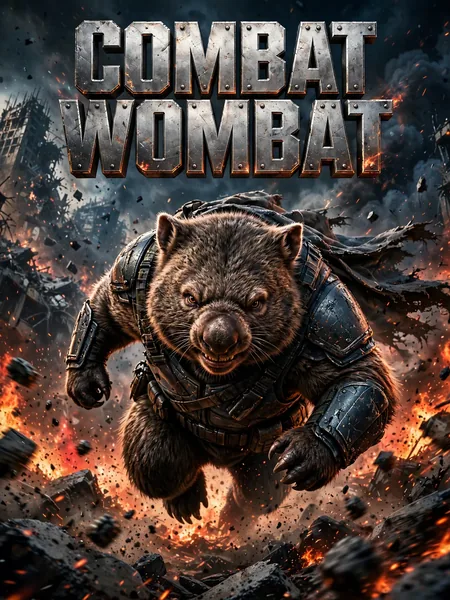 Locandina di un film intitolato "Combat Wombat": un vombato in armatura che carica fuori da una città in fiamme