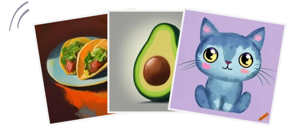 A group of illustration: a food oil painting, an avocado illustration, and a watercolor of a cute cat