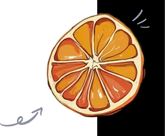 A drawing of an orange fruit with black and white background