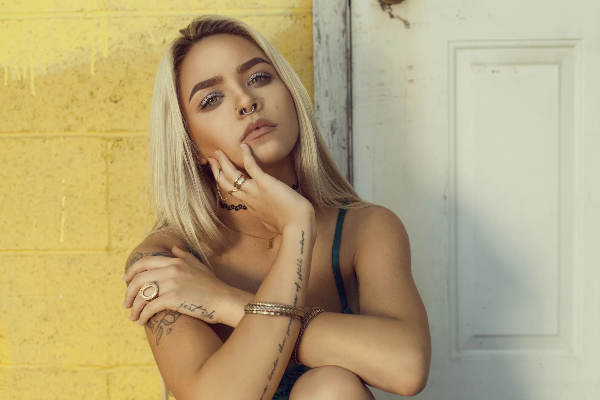 A blond woman with a background