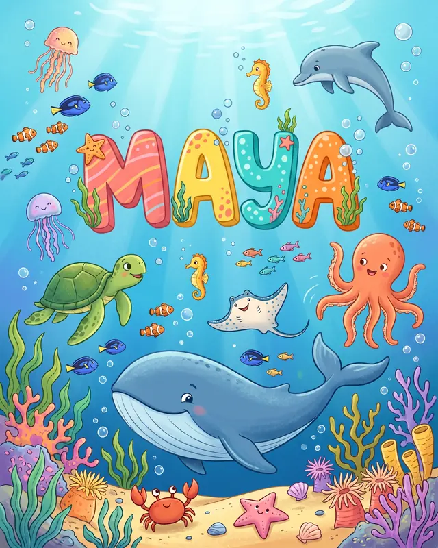 Poster fürs Kinderzimmer mit dem Namen MAYA und Meerestieren
