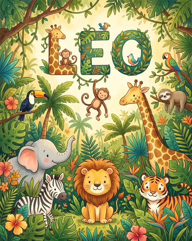 Poster fürs Kinderzimmer mit dem Namen LEO und Dschungeltieren